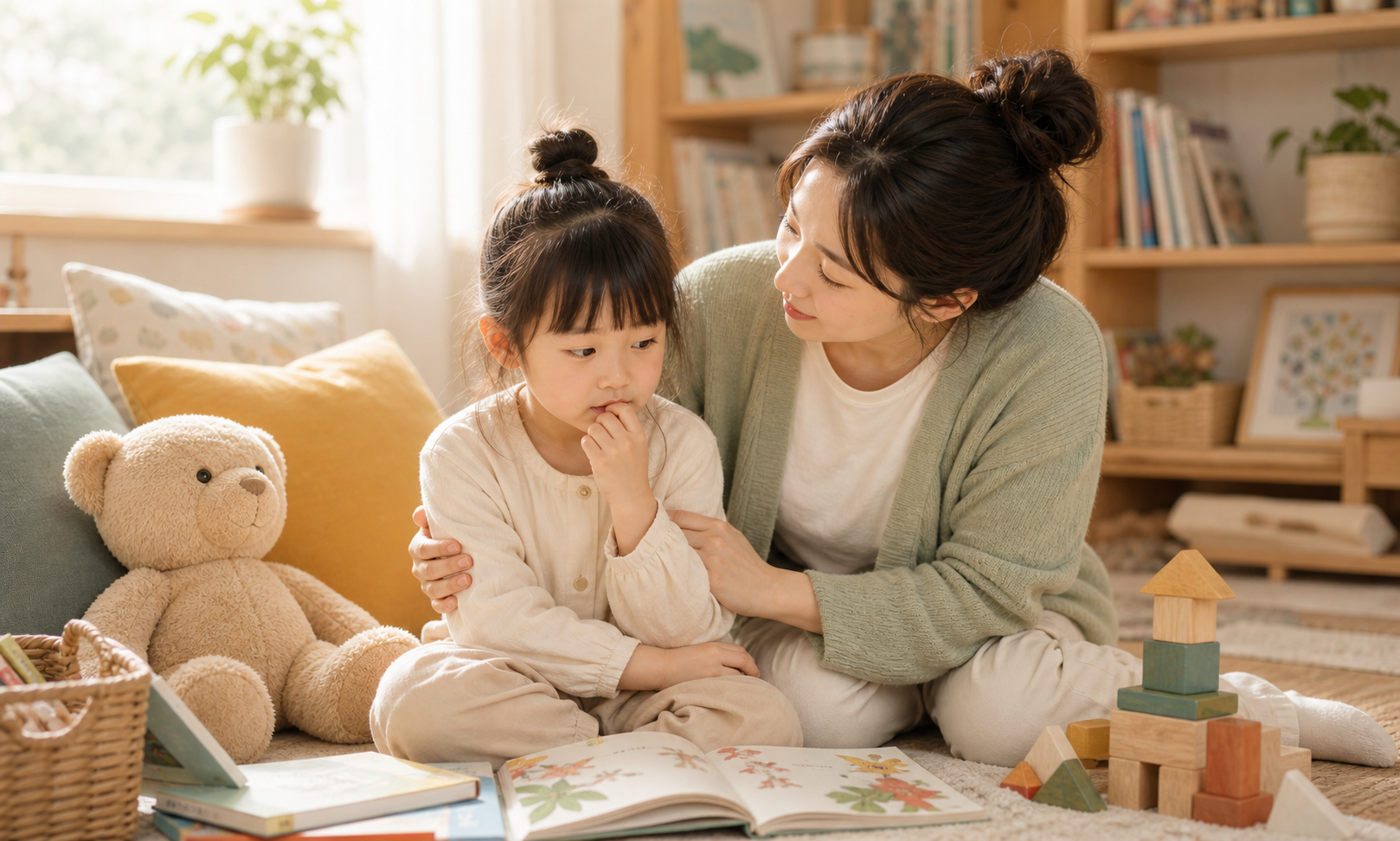 孩子安静思考，家长在旁陪伴